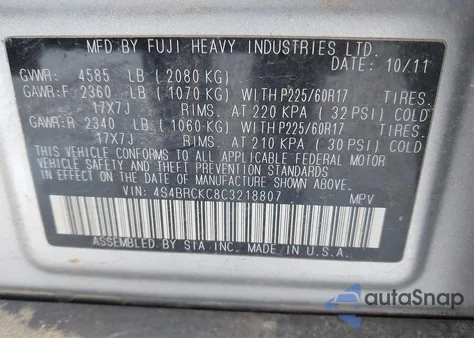 2012 Subaru Outback 2.5I Limited from USA, damaged, VIN 4S4BRCKC8C3218807